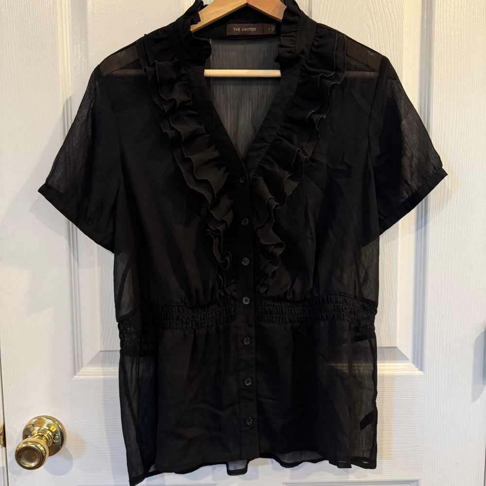 The Limited Black Sheer Ruffle Blouse Romantic Short Sleeve Large Going Out Top